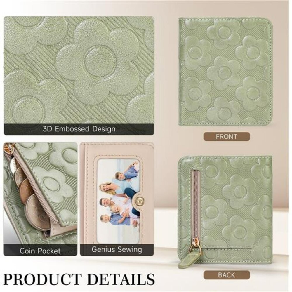 RFID blocking small wallet for women slim bifold card holder embossed leather - Picture 3 of 7